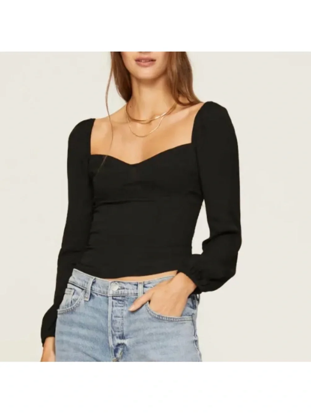 Reformation Reign Black Square-Neck Long Sleeve Crop Top